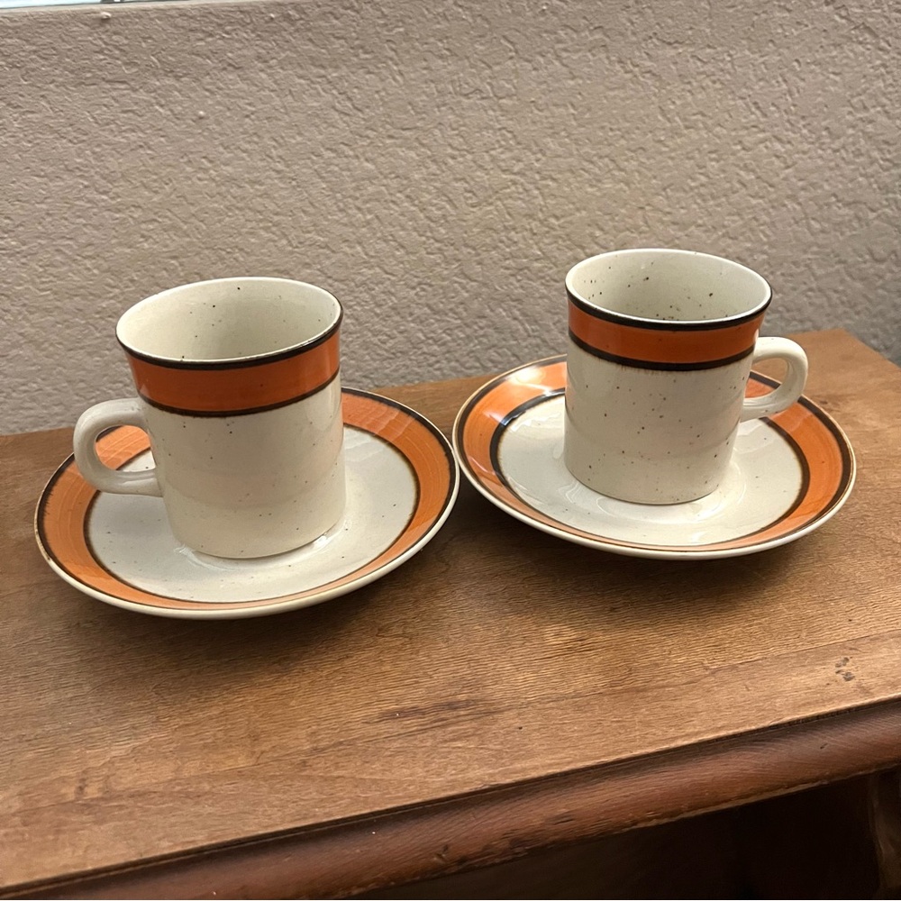 Vintage 70s Sango Rainbow Stoneware Coffee Mugs & Saucers 653 Caroline Orange